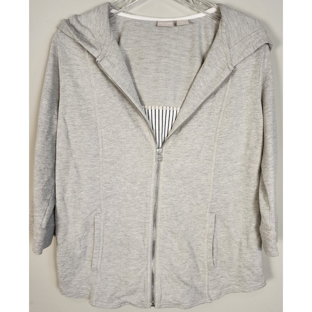 Chicos Zenergy Womens Gray‎ Stripe Mixed Media Full Zip Jacket Sz 1 Coastal